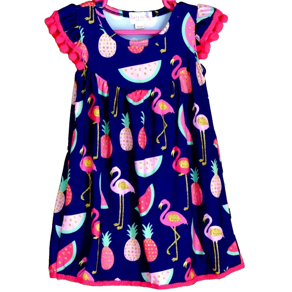 Clover Cottage Girl’s Dress Tropical Flamingo Pineapple Print Size 18-24 months
